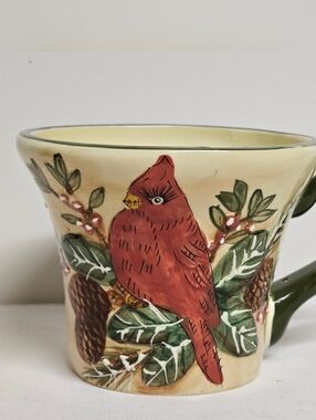Embossed Cardinal Bird Mug Large Ceramic Coffee Cup Rustic Decor
